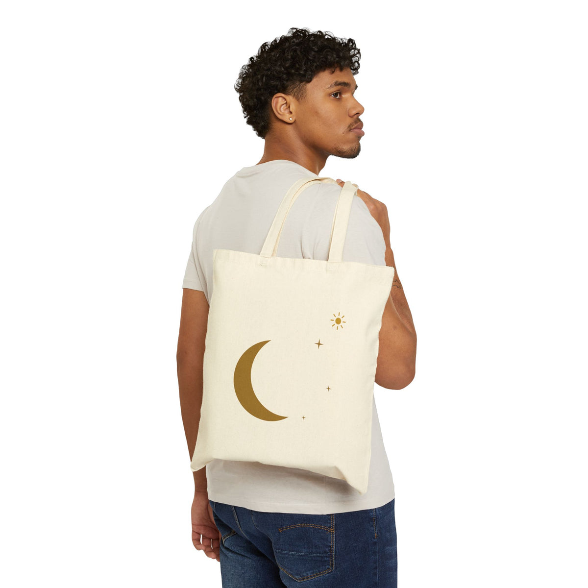 Celestial Dreams Canvas Tote Bag — Gold Moon and Stars Graphic