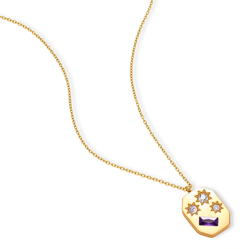 Gold octagonal pendant necklace with star engravings, purple baguette CZ, lavender and clear round stones on cable chain.