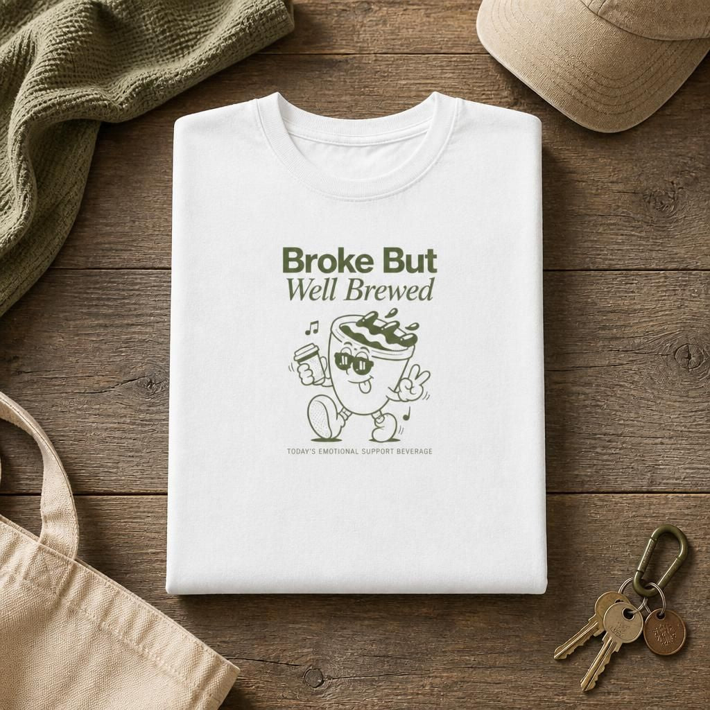 Broke But Well Brewed Coffee Tee — Funny Coffee Lover T-Shirt