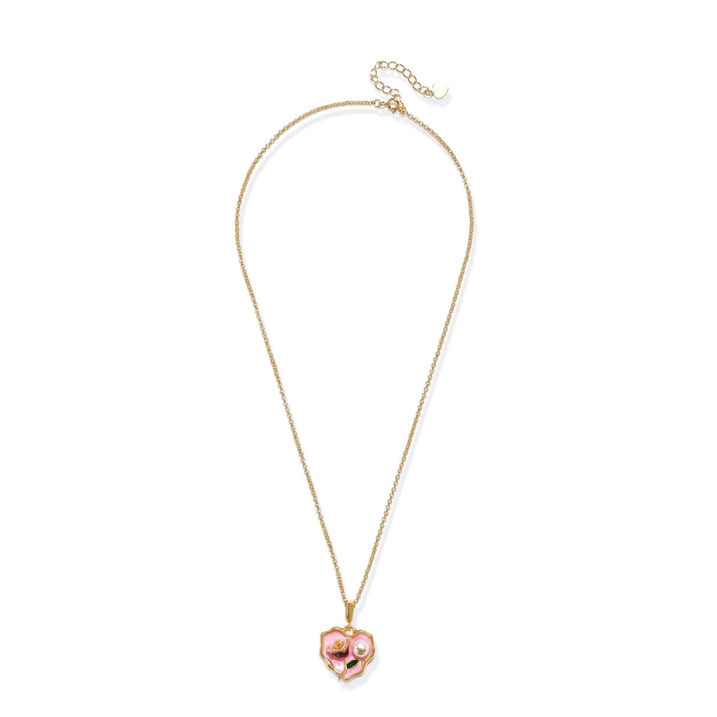 Heart-shaped pendant with pink enamel, rose design, freshwater pearl flower, and gold scalloped frame on delicate chain