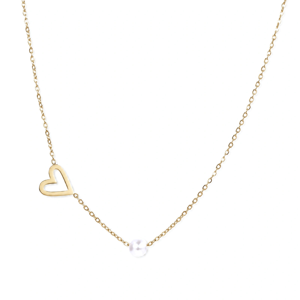 Dainty 14K gold plated stainless steel necklace with an open heart charm and a single round white bead on a cream background.