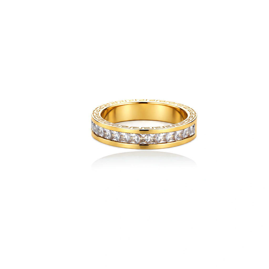 14K gold-plated band with channel-set zirconia and Greek key pattern engraving on polished finish