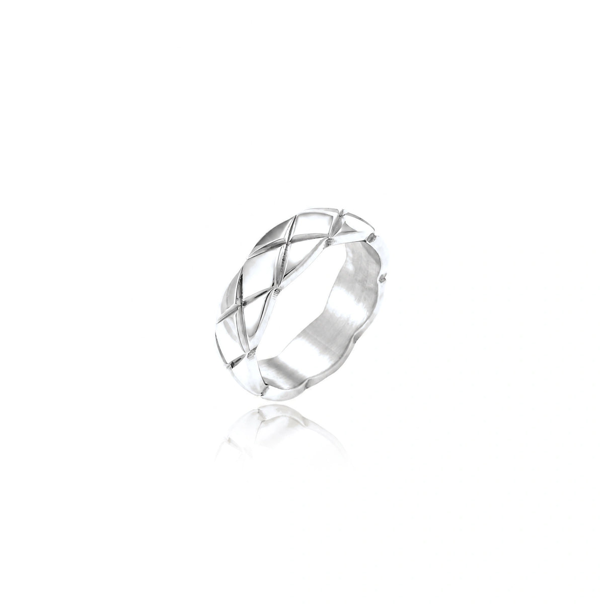Braided stainless steel band ring with geometric interwoven strands in brushed silver finish on white background