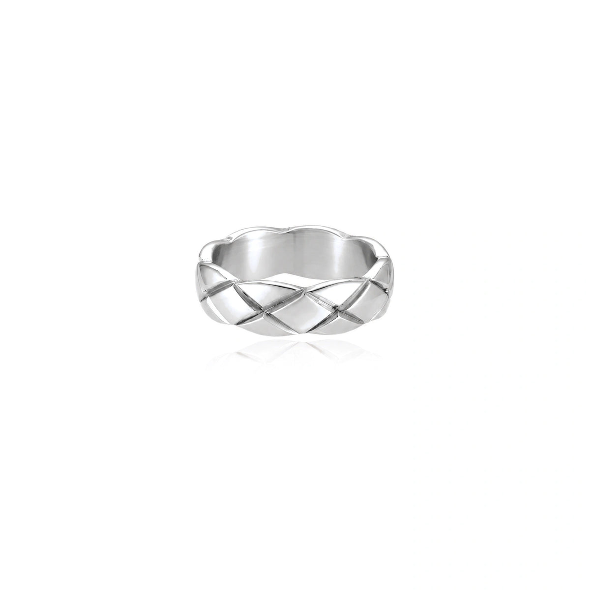 Braided stainless steel band ring with geometric interwoven strands in brushed silver finish on white background