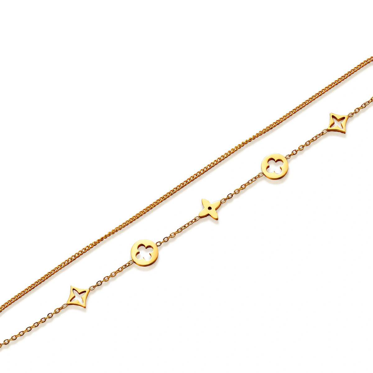 Double-layer gold-plated bracelet with quatrefoil and star charms on cream background, 18K gold finish.