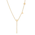 Gold Y-shaped necklace with L-O-V-E letter charms and vertical bar pendant on delicate chain against cream background