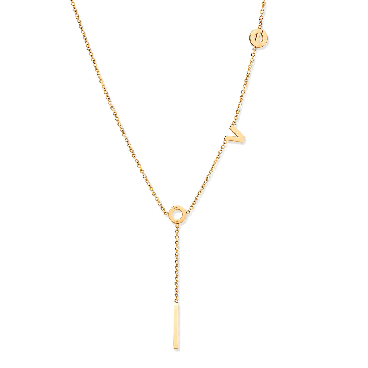 Gold Y-shaped necklace with L-O-V-E letter charms and vertical bar pendant on delicate chain against cream background