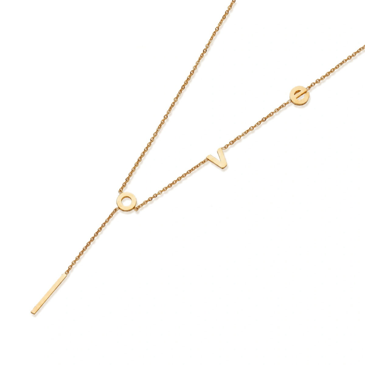 Gold Y-shaped necklace with L-O-V-E letter charms and vertical bar pendant on delicate chain against cream background