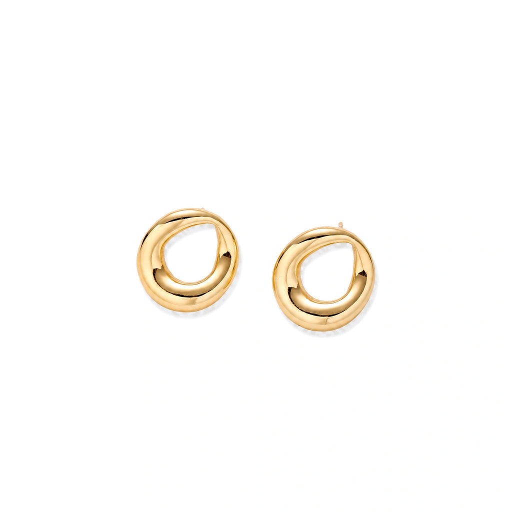 Pair of polished 18K gold-plated stainless steel teardrop earrings with hollow centers on cream background