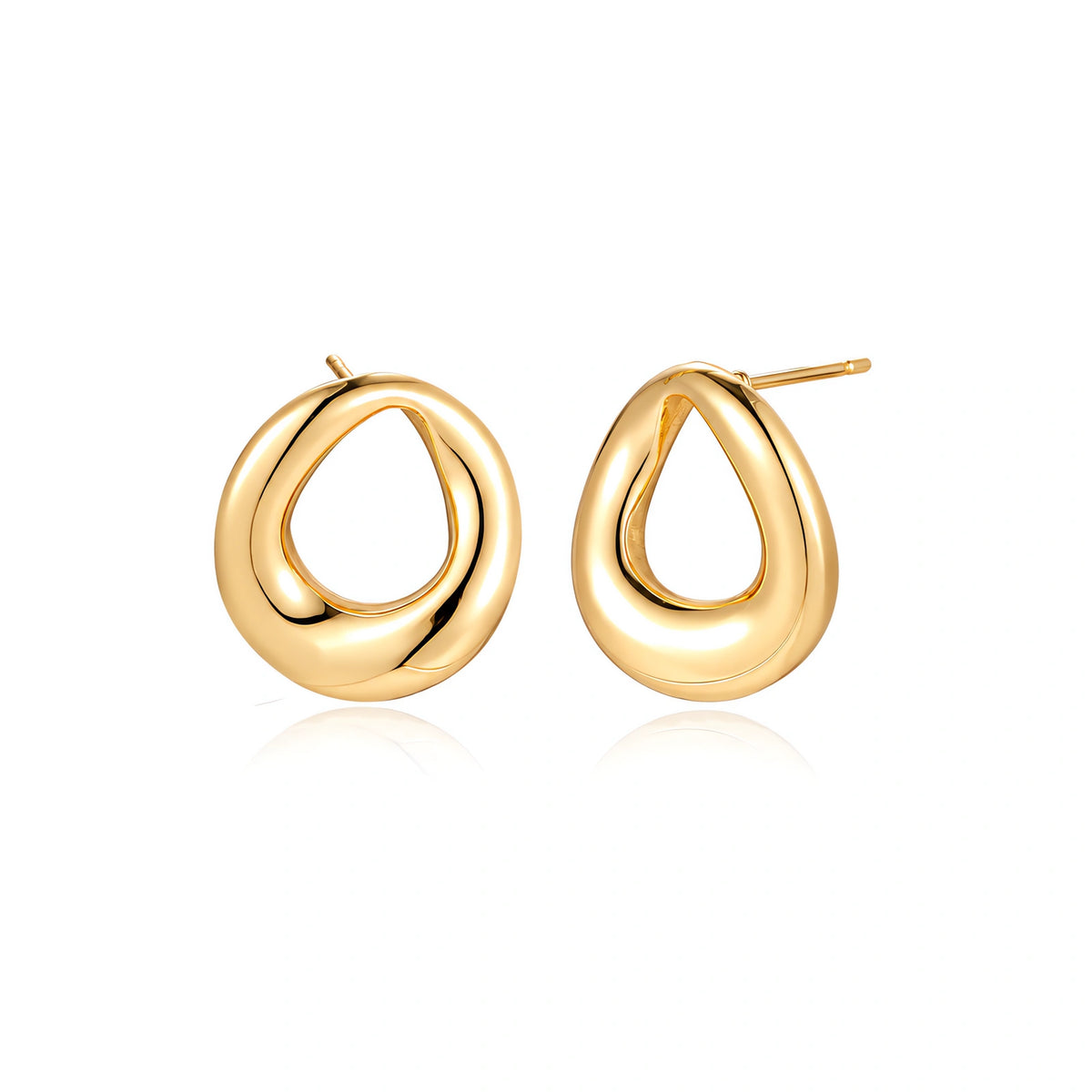 Pair of polished 18K gold-plated stainless steel teardrop earrings with hollow centers on cream background