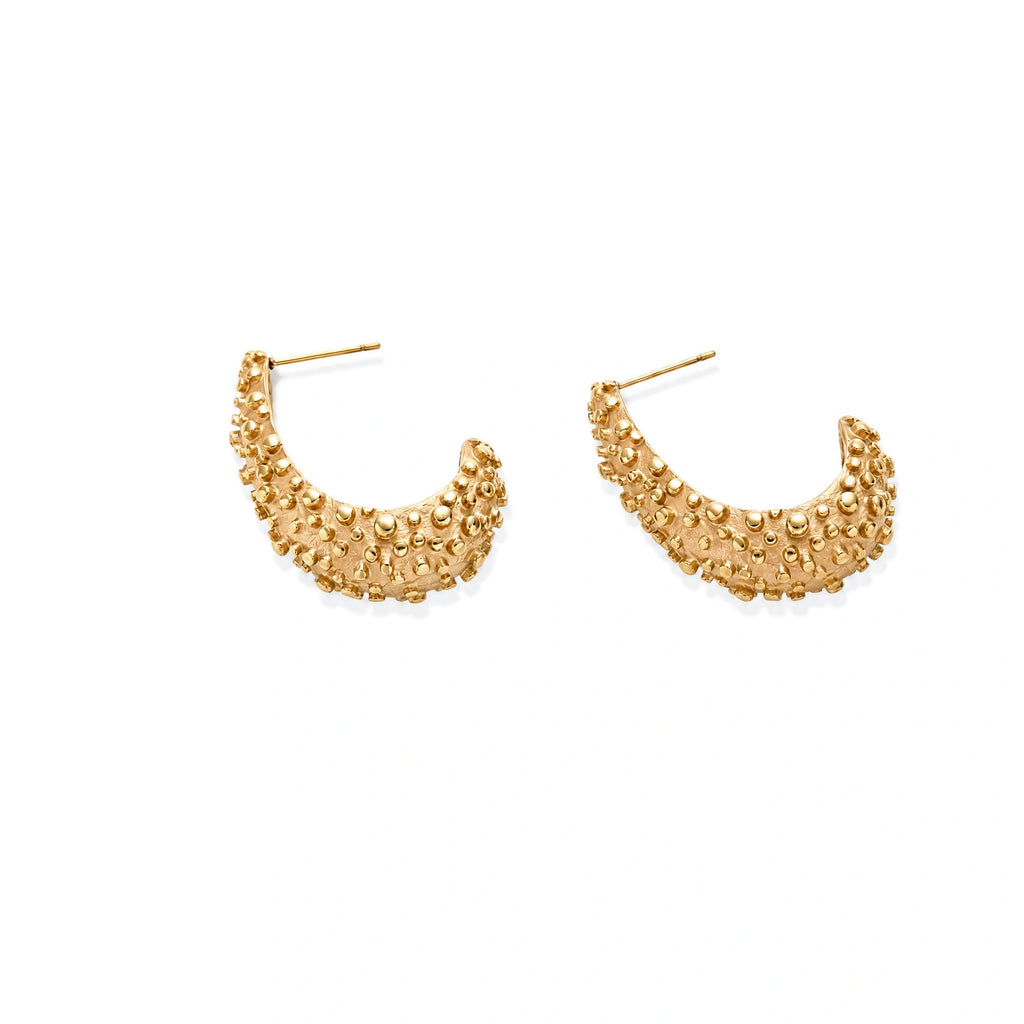 Curved gold hoop earrings with raised granulated texture resembling sea urchin surface on cream background