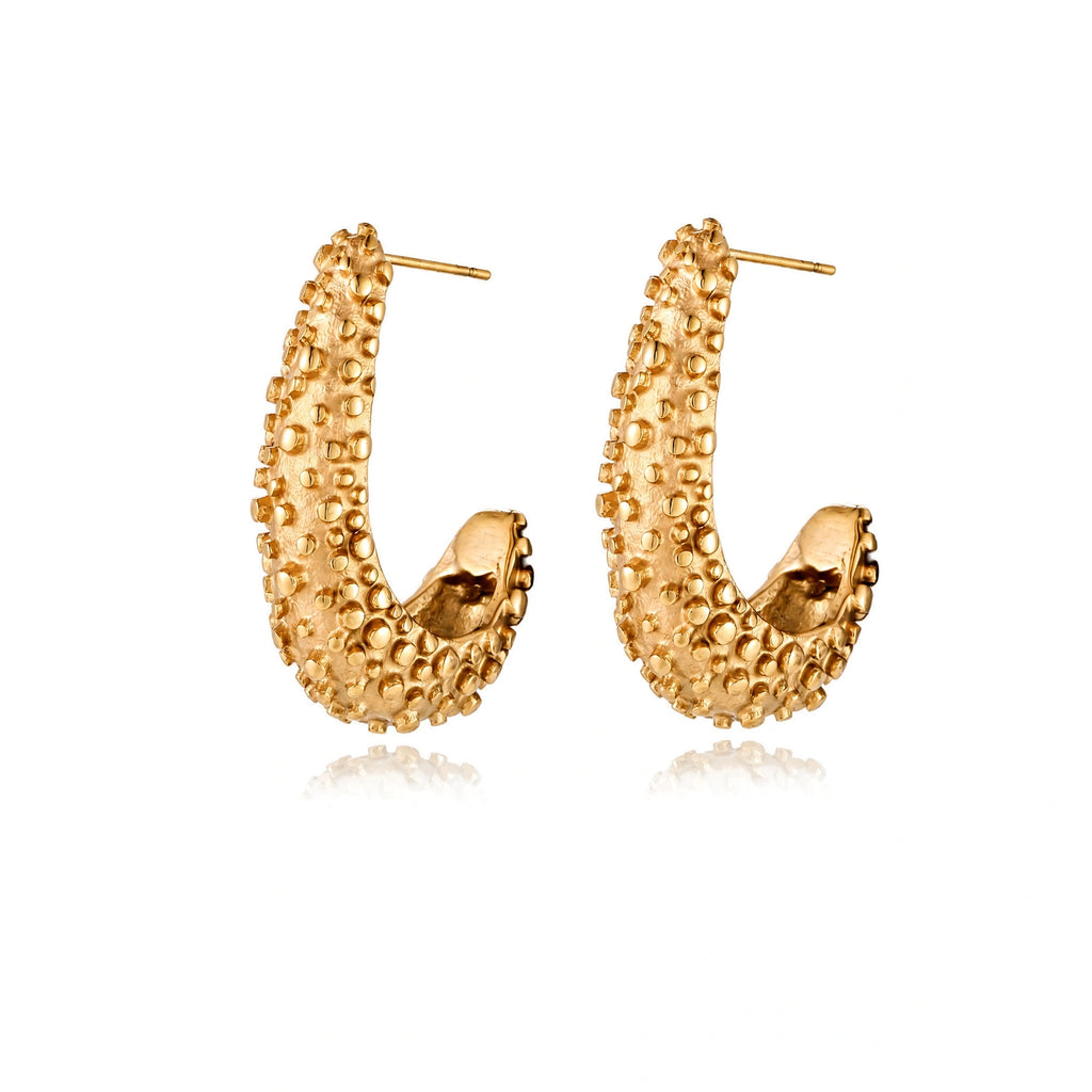 Curved gold hoop earrings with raised granulated texture resembling sea urchin surface on cream background