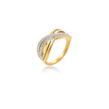 Gold-plated ring with interweaving wave bands and two rows of clear rhinestones creating an infinity pattern
