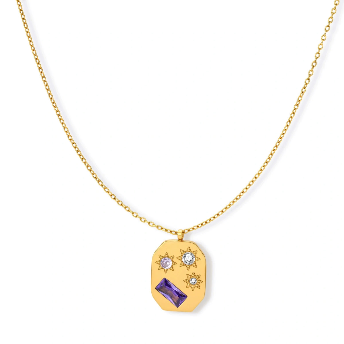 Gold octagonal pendant necklace with star engravings, purple baguette CZ, lavender and clear round stones on cable chain.