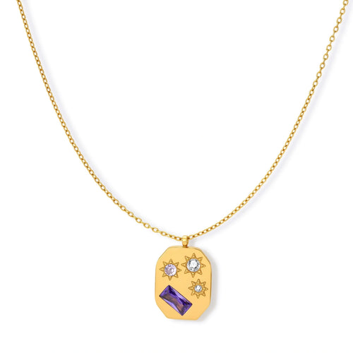 Gold octagonal pendant necklace with star engravings, purple baguette CZ, lavender and clear round stones on cable chain.