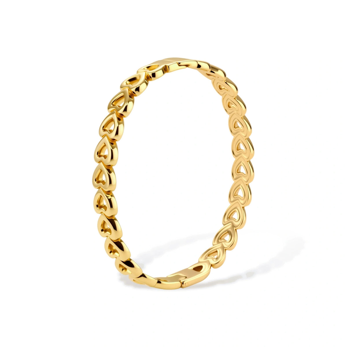 Gold 18K plated stainless steel bangle with continuous open heart links, high-polish finish, on white background.